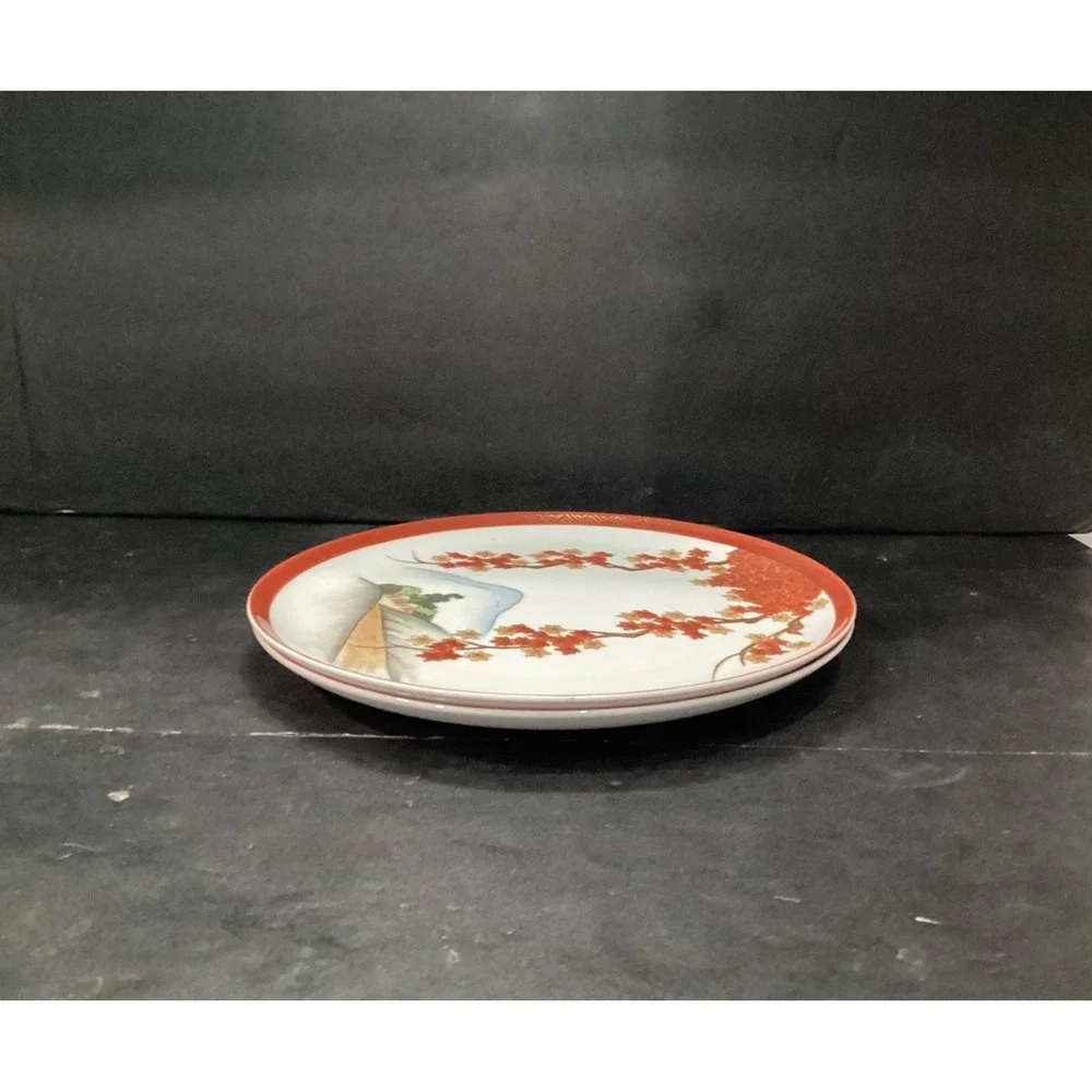 Arita China Art15 Rust Gold Leaves Branches-Trees/Hills-Dinner Plates Set of‎ 2